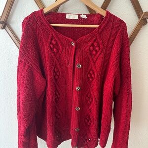 100% Cotton Red Cable Knit Cardigan Sweater